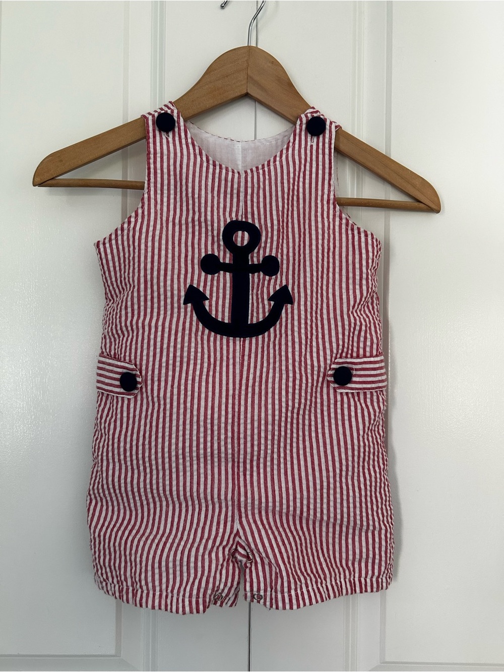 Nautical red white seersucker Jon Jon romper with navy anchor applique 24 months